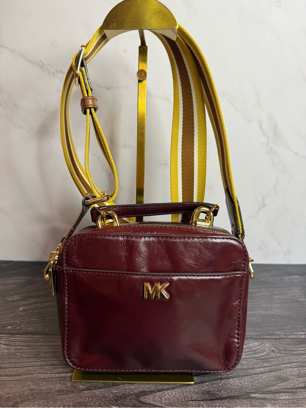 Michael Kors Mott Mini Burgundy Crinkled Leather Crossbody Bag